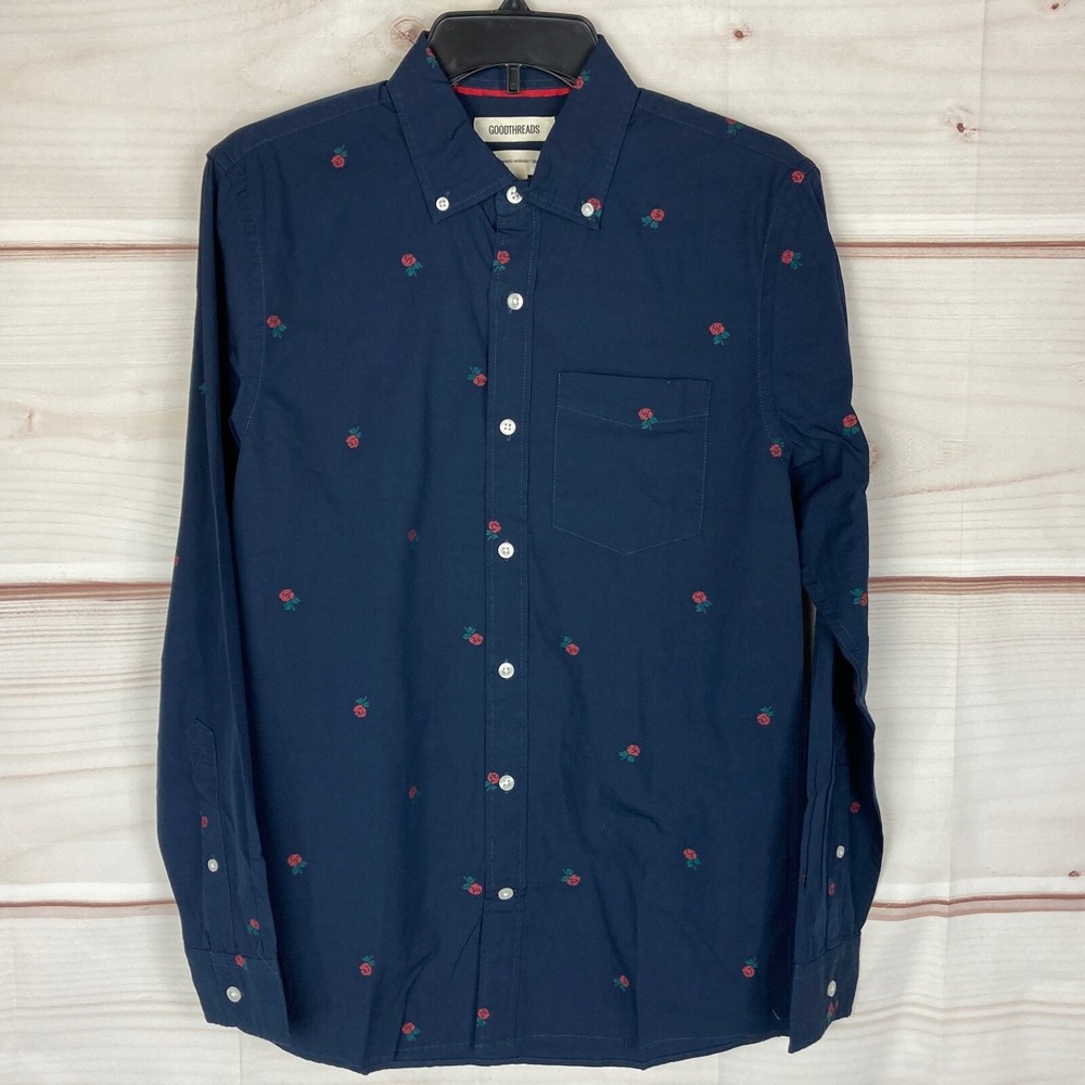 Goodthreads Shirt Mens XS Blue Button Up‎ Standard Fit Rose Print Pocket Collar